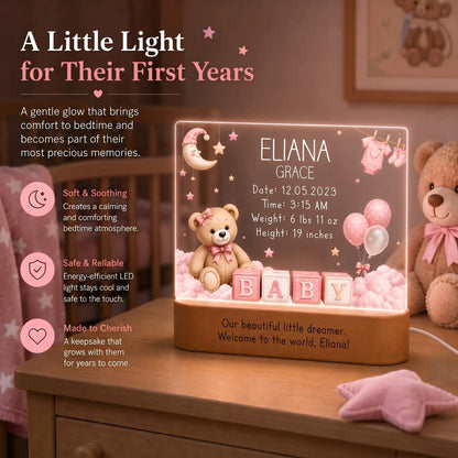 Personalized baby girl birth stats night light on acacia wood base with LED glow