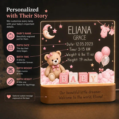 Laser engraved baby girl name and birth stats on clear acrylic night light plate