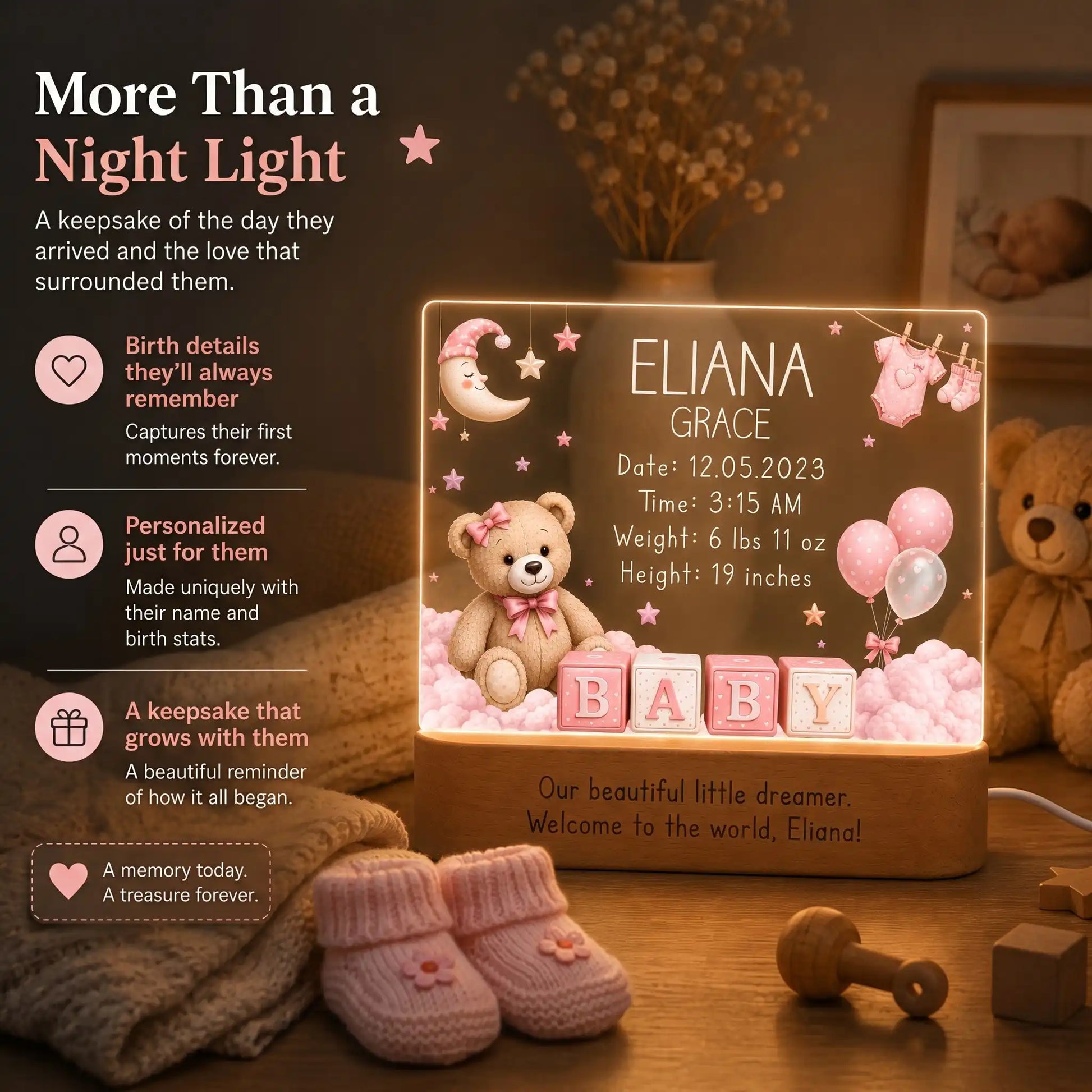 Vintage teddy bear baby night light personalized with birth date, time, weight, and length