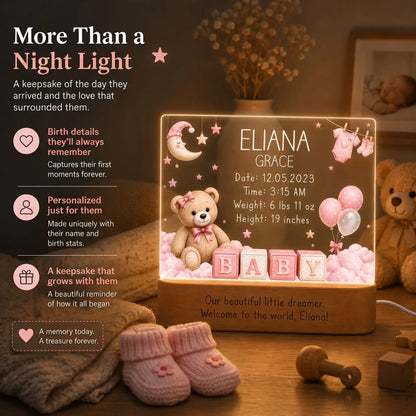 Vintage teddy bear baby night light personalized with birth date, time, weight, and length