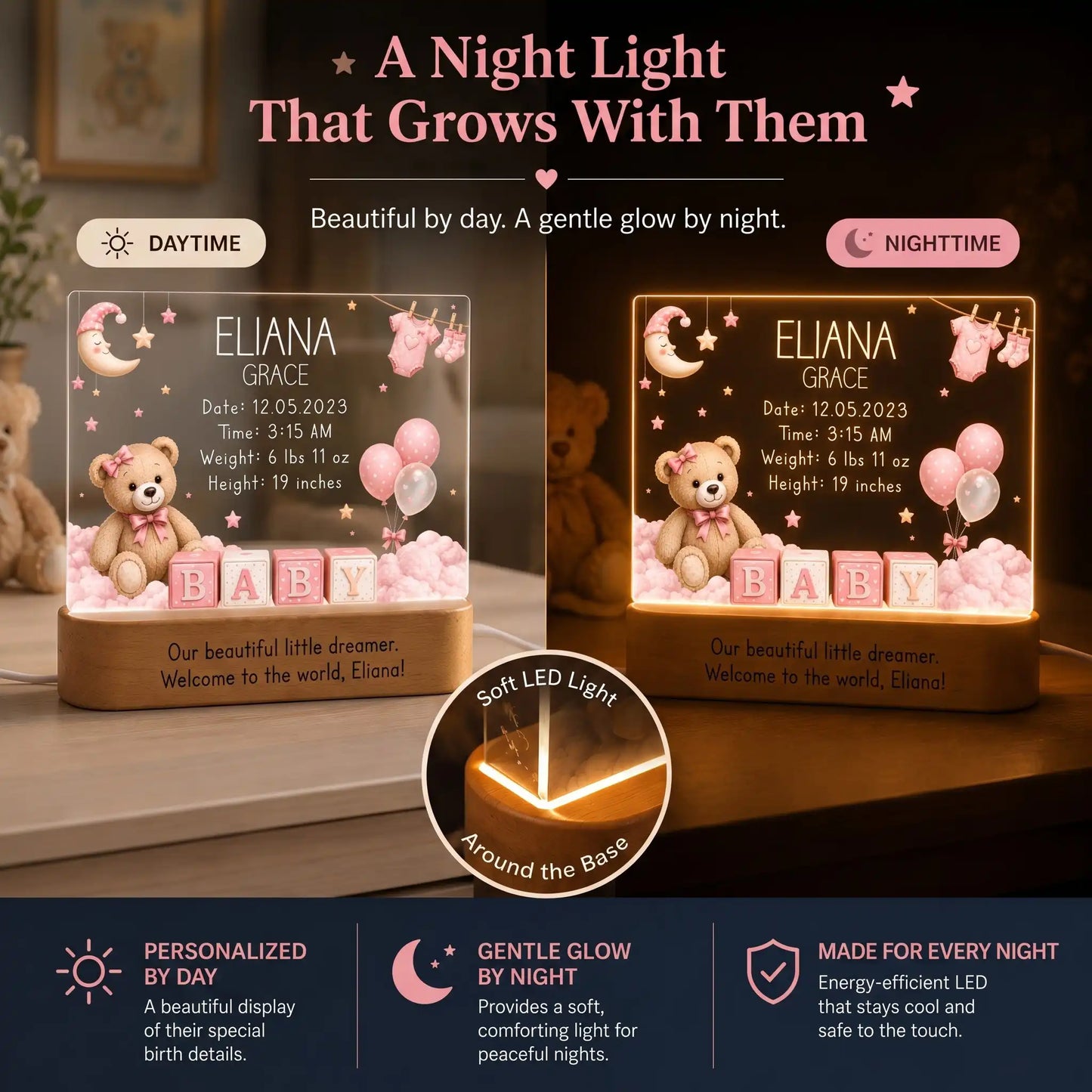 Personalized newborn night light keepsake for baby girl nursery