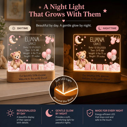 Personalized newborn night light keepsake for baby girl nursery