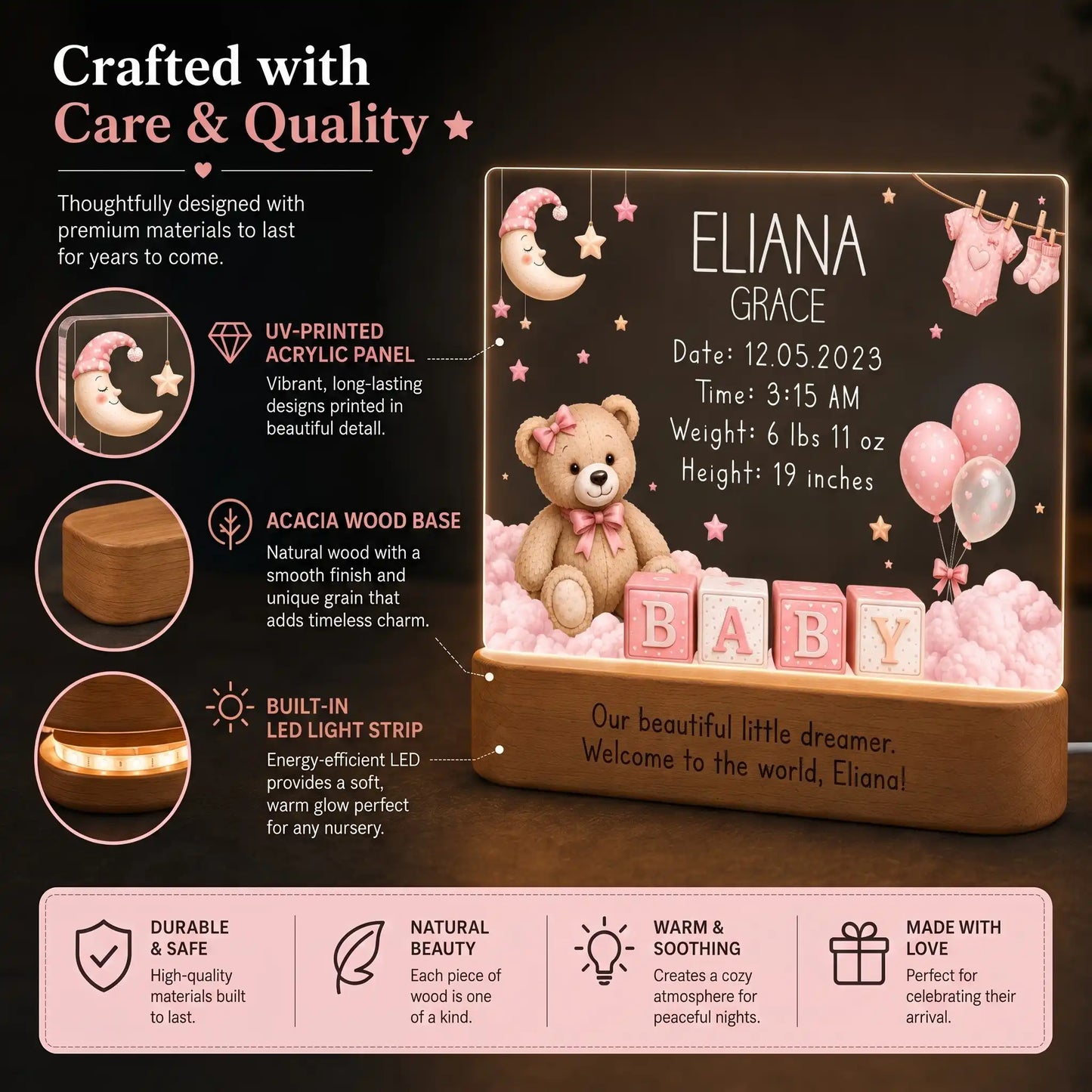 Baby girl nursery night light with vintage teddy bear artwork and personalized birth stats