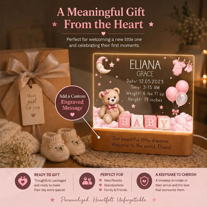 Personalized baby girl night light baby shower gift with laser engraved birth announcement details