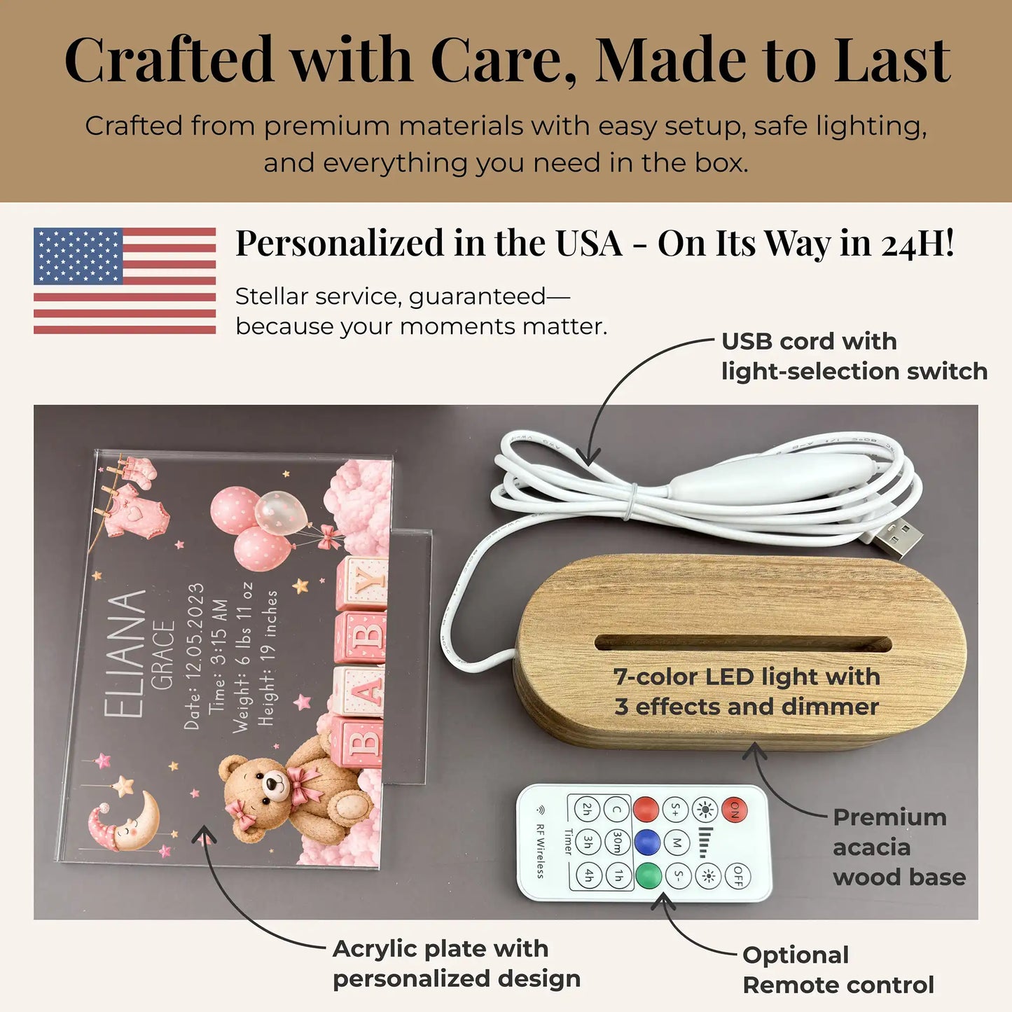 Personalized baby night light set with acacia wood base, USB cord, and optional wireless remote