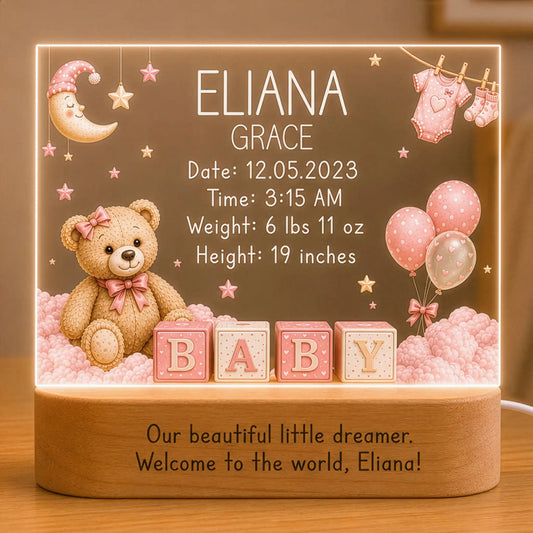 Personalized baby girl night light with vintage teddy bear design and laser engraved name and birth stats on clear acrylic plate