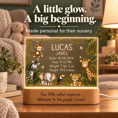 Jungle birth stats night light glowing on a nursery shelf