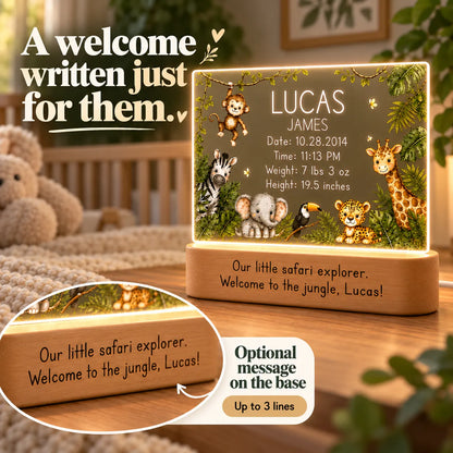Optional engraved message on the wood base of the jungle baby night light, up to 3 lines