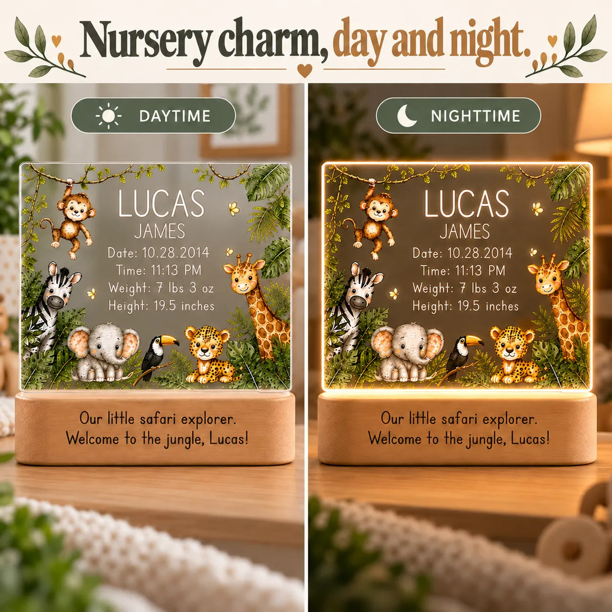 Jungle baby night light shown in daytime and glowing at night