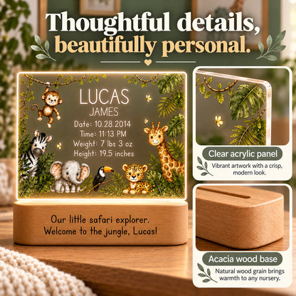 Clear acrylic panel and acacia wood base details on the personalized jungle night light