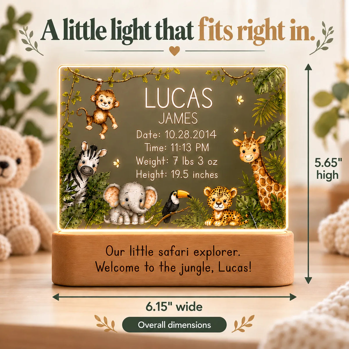 Jungle baby night light dimensions: 5.65 inches high by 6.15 inches wide