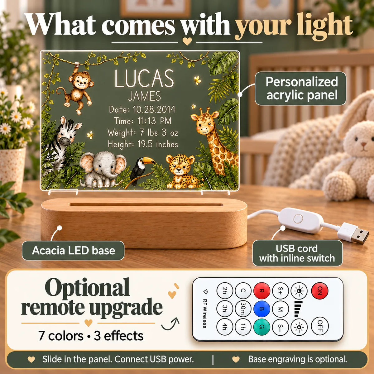What comes with the jungle night light: personalized acrylic panel, acacia LED base and USB cord with inline switch