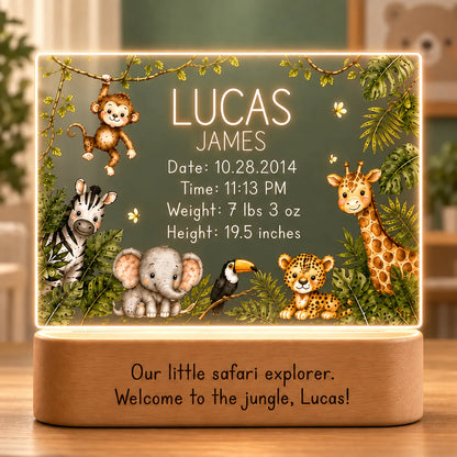 Personalized jungle baby night light with birth stats, safari animal artwork and engraved message on an acacia wood LED base