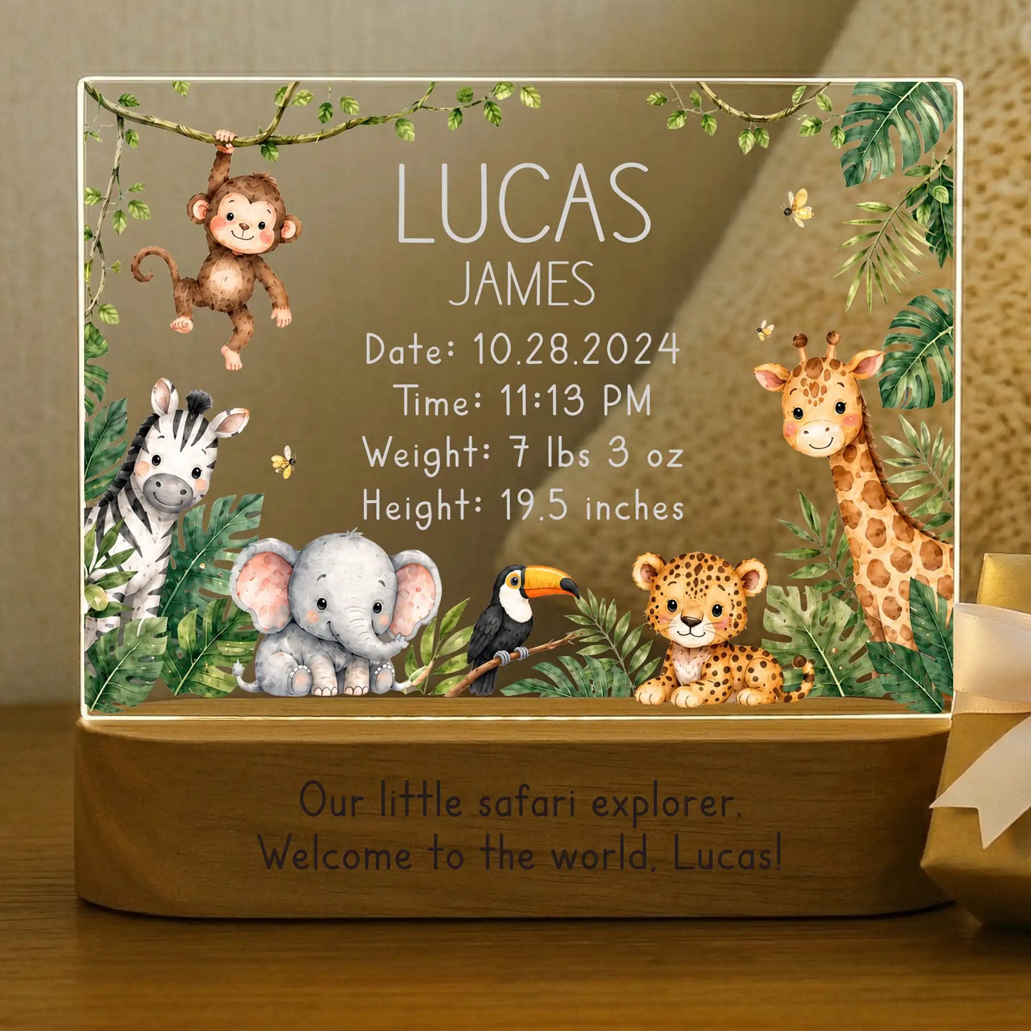 Personalized jungle baby night light with color changing LED base