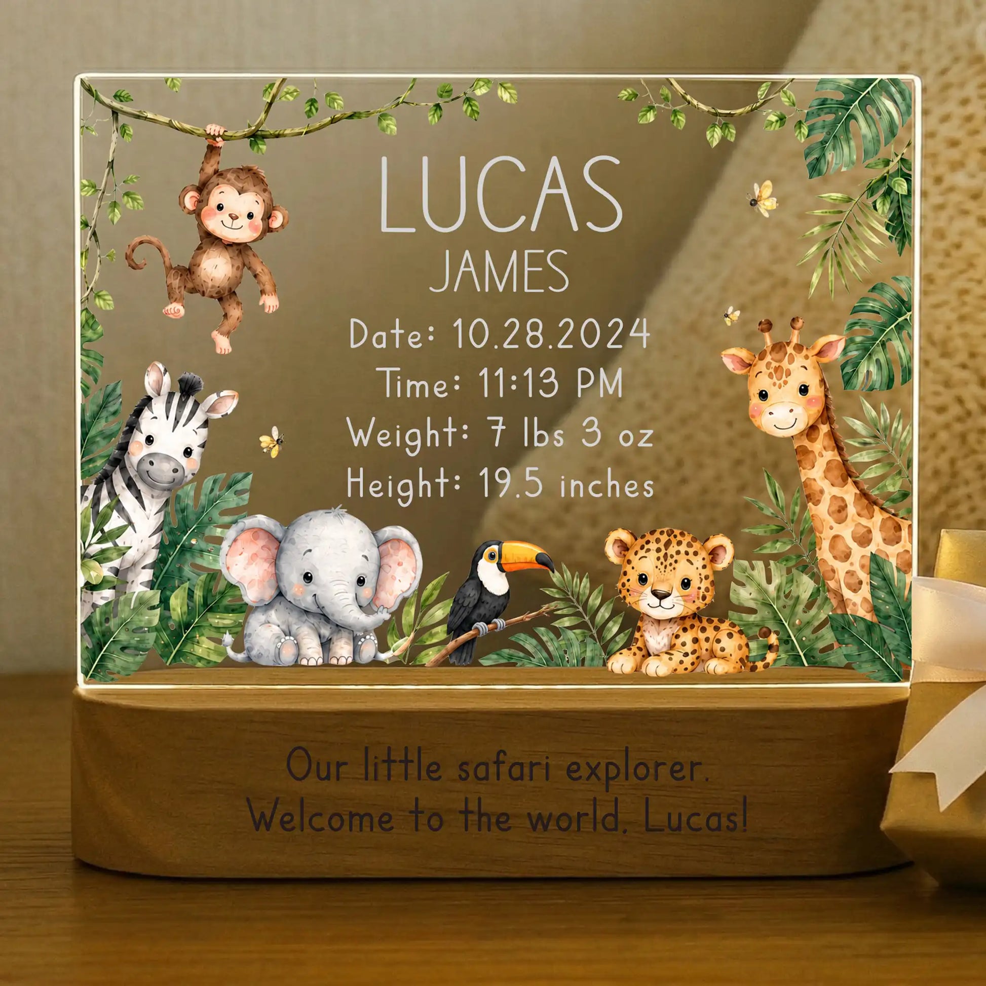 Personalized jungle baby night light with color changing LED base