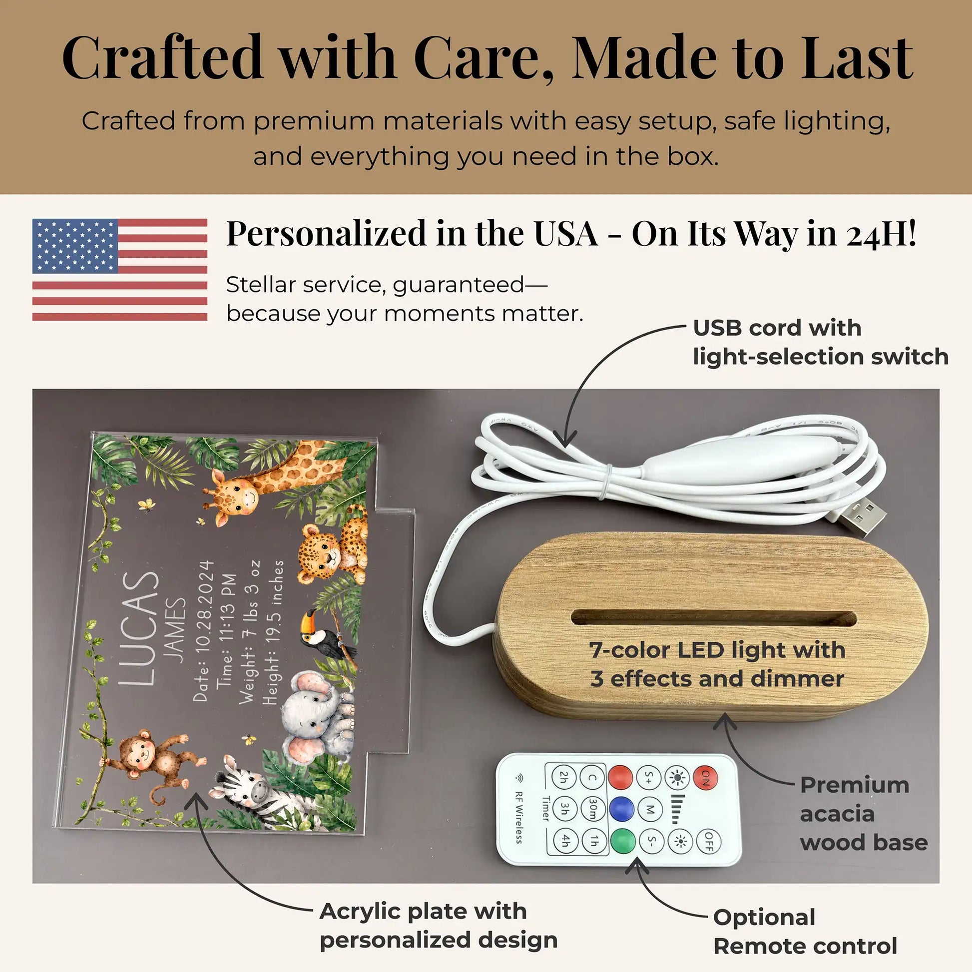 Personalized baby night light set with acacia wood base, USB cord, and optional wireless remote