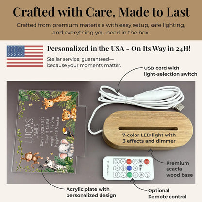 Personalized baby night light set with acacia wood base, USB cord, and optional wireless remote