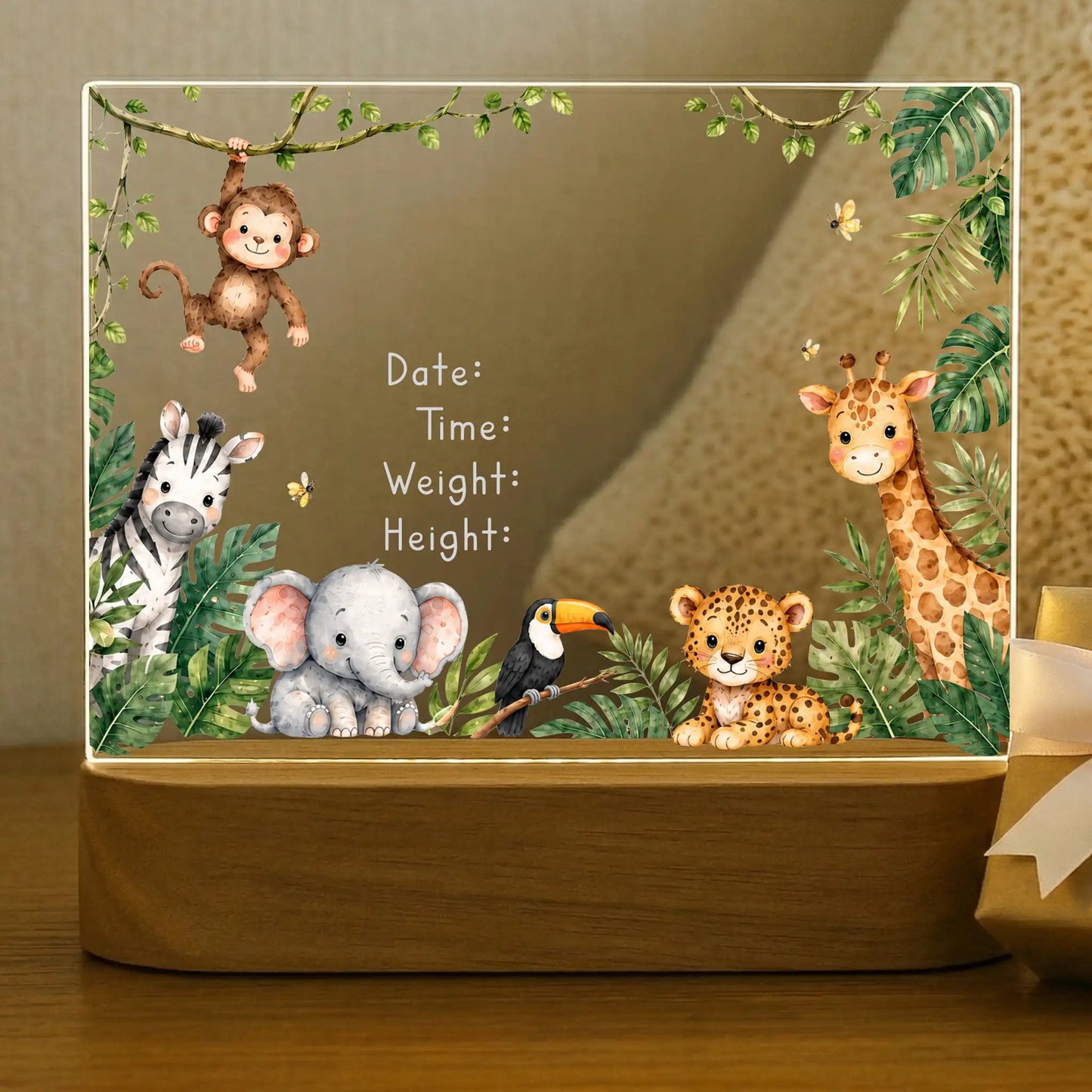 Jungle safari baby night light shown before name and birth stats are engraved