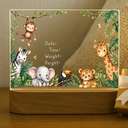 Jungle safari baby night light shown before name and birth stats are engraved