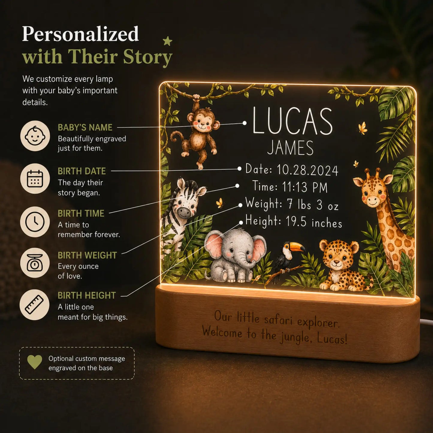 Laser engraved baby name and birth stats on jungle safari night light acrylic plate