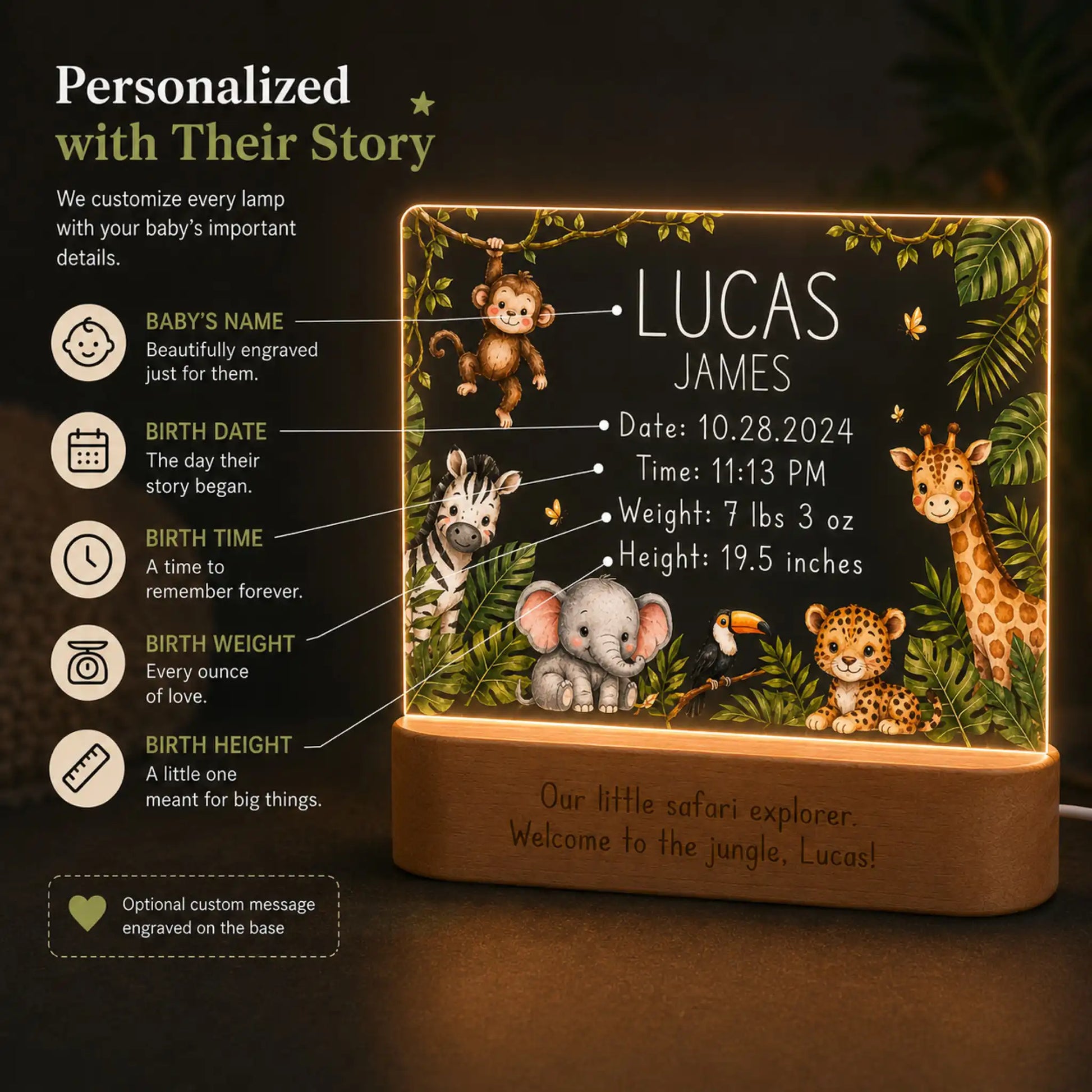 Laser engraved baby name and birth stats on jungle safari night light acrylic plate