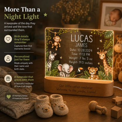 Personalized safari nursery night light with birth date, time, weight, and length