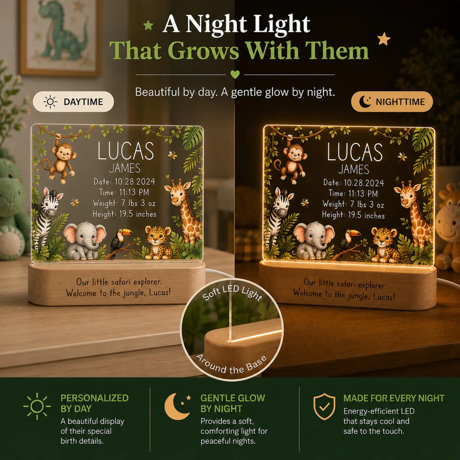 Jungle animal baby night light keepsake on acacia wood base