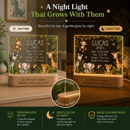 Jungle animal baby night light keepsake on acacia wood base