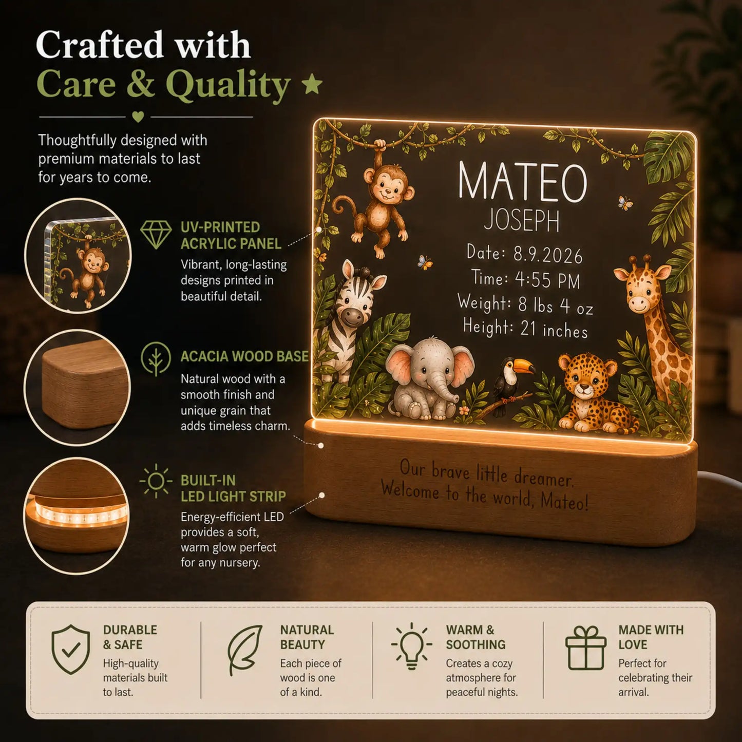 Personalized baby shower gift night light with jungle safari artwork