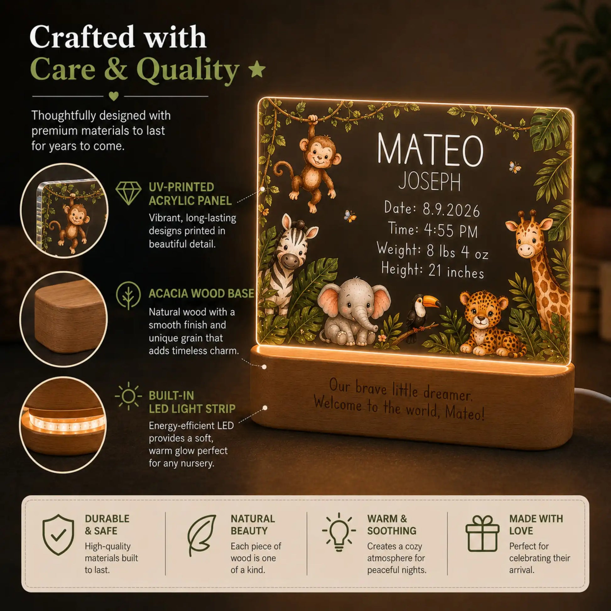 Personalized baby shower gift night light with jungle safari artwork