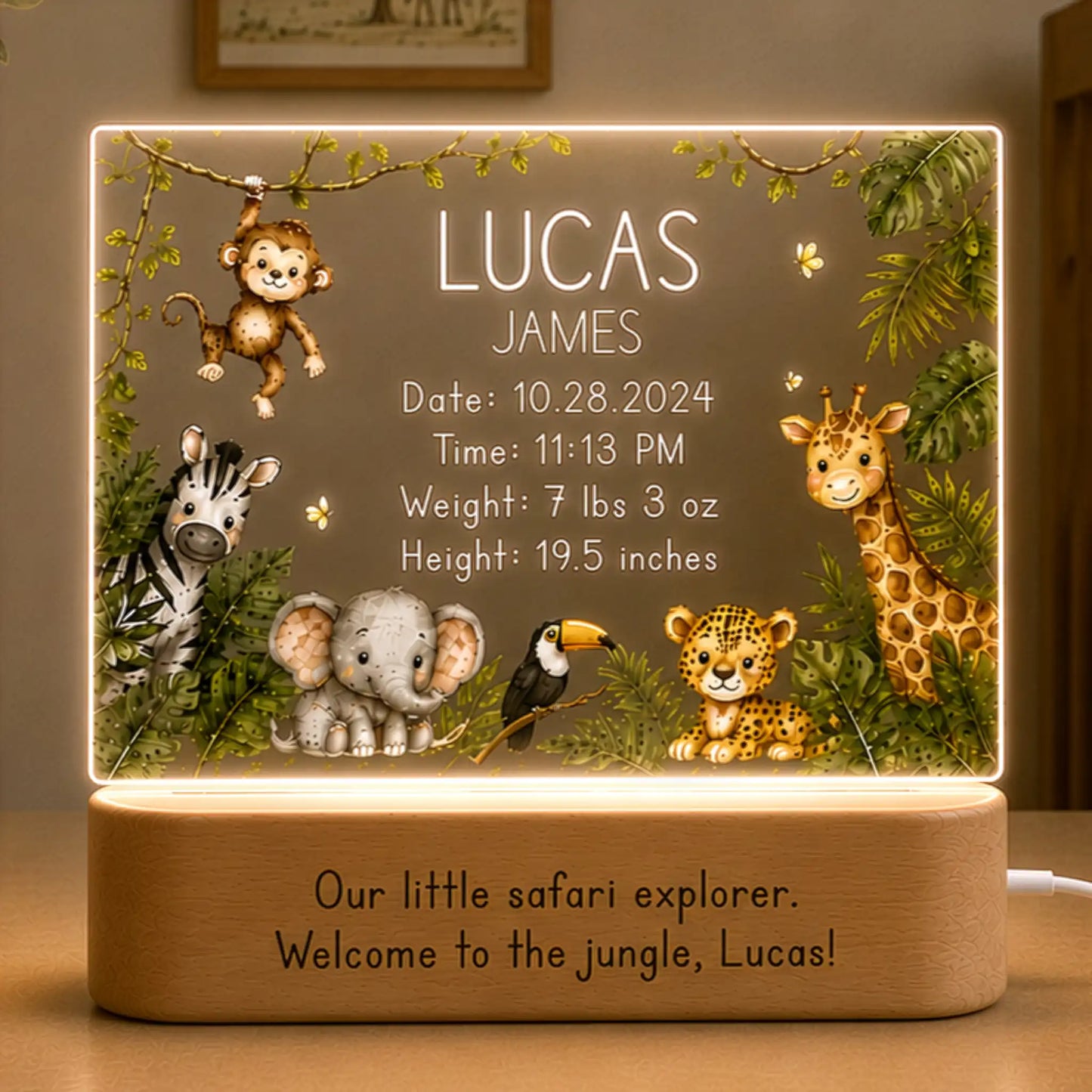 Personalized jungle baby night light with elephant and giraffe design and laser engraved name and birth stats on clear acrylic