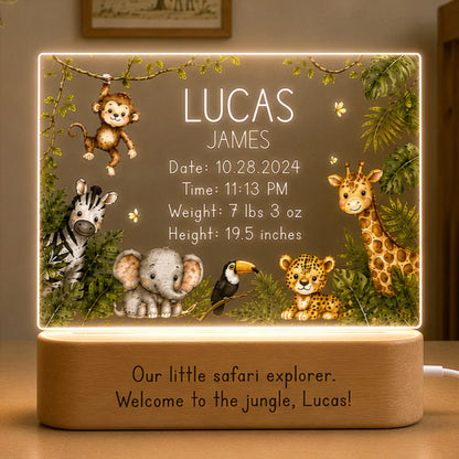 Personalized jungle baby night light with elephant and giraffe design and laser engraved name and birth stats on clear acrylic