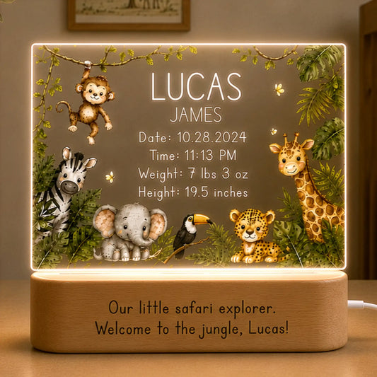 Personalized jungle baby night light with elephant and giraffe design and laser engraved name and birth stats on clear acrylic