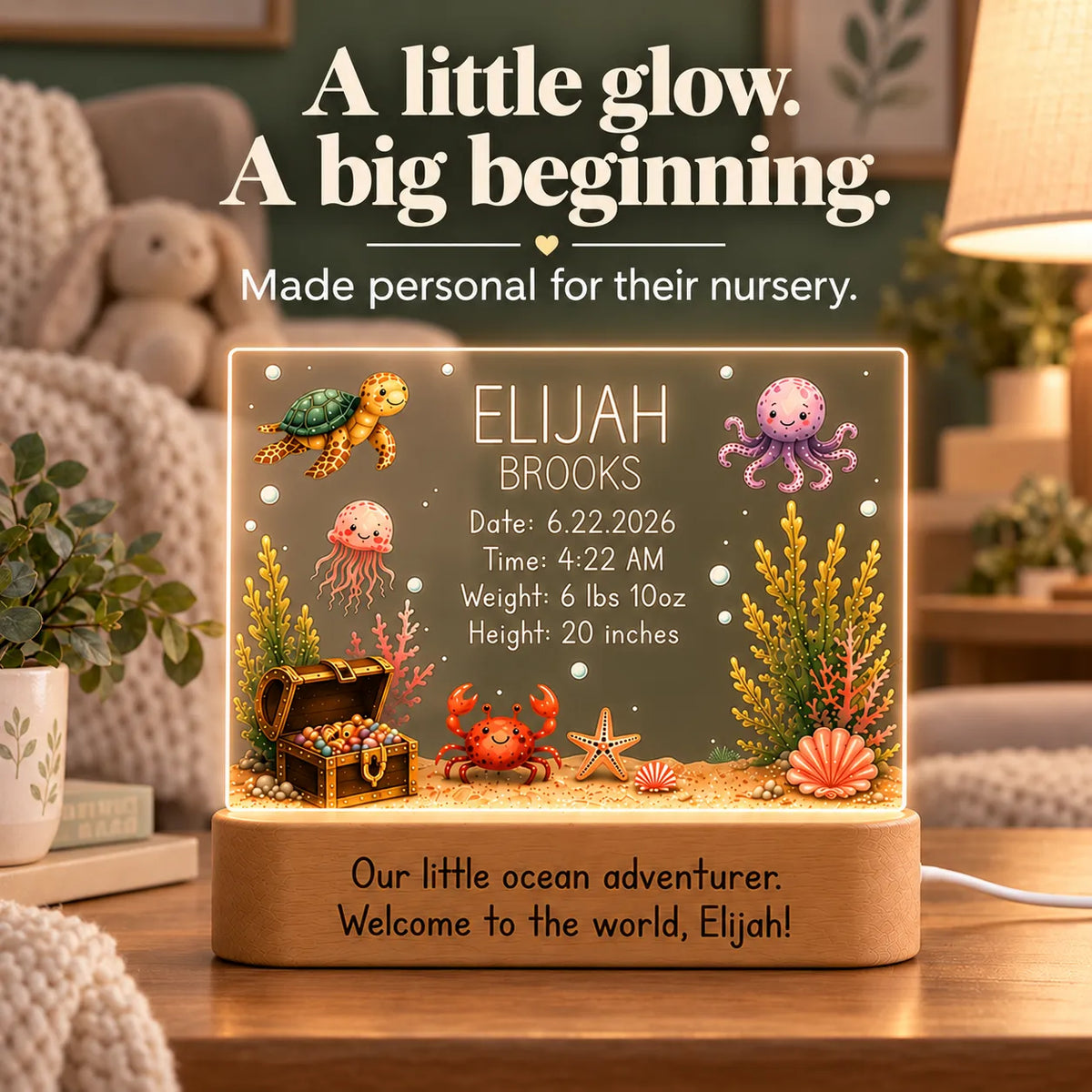 Ocean birth stats night light with sea turtle and octopus art glowing on a nursery shelf