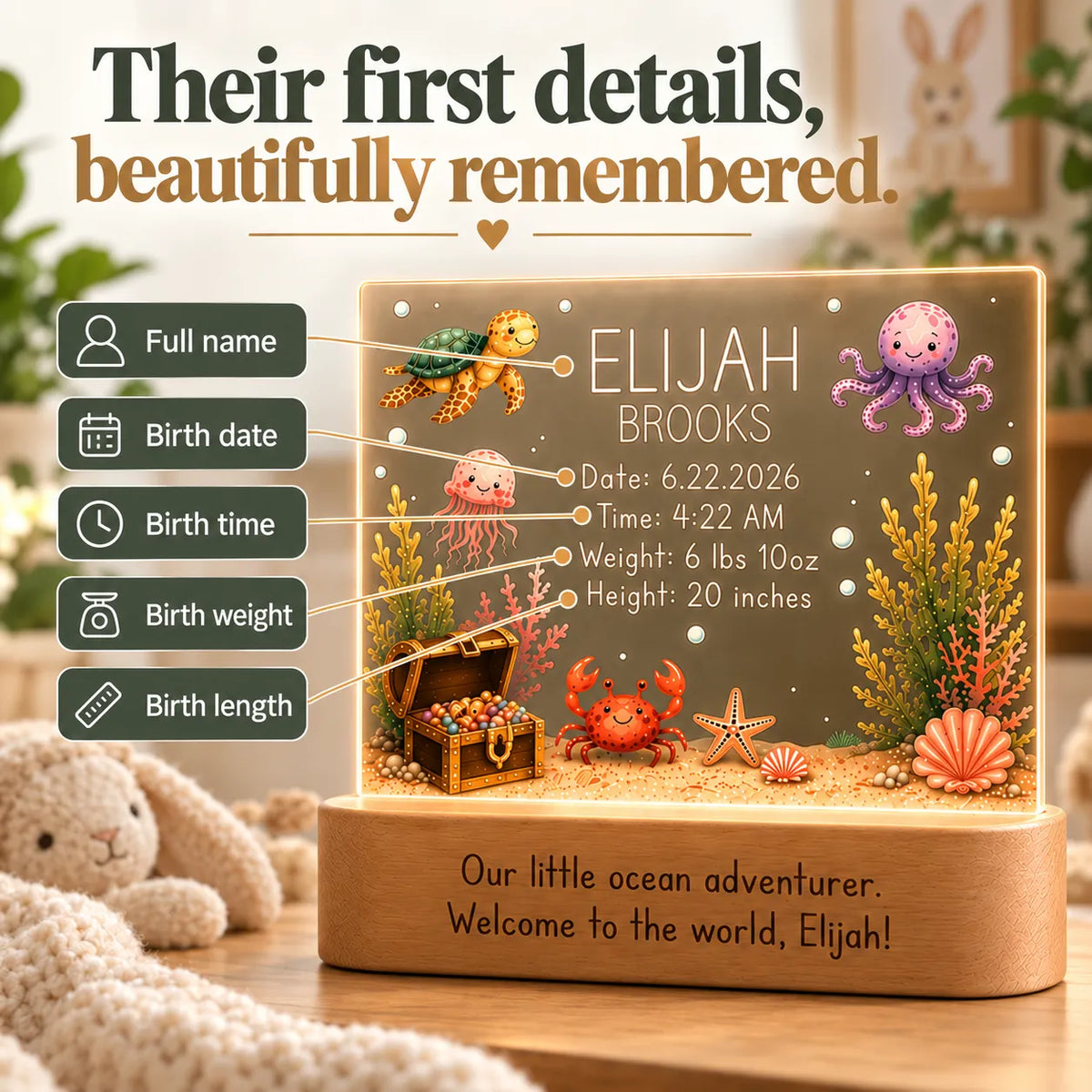 Birth stats engraved on the ocean night light: full name, birth date, time, weight and length