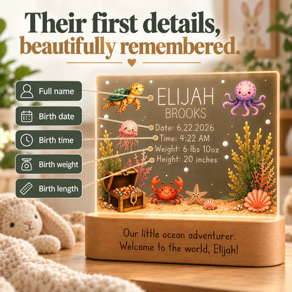 Birth stats engraved on the ocean night light: full name, birth date, time, weight and length