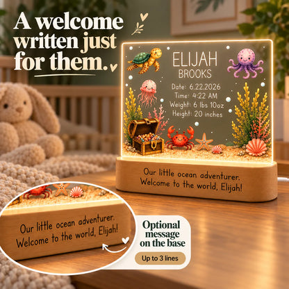 Optional engraved message on the wood base of the ocean baby night light, up to 3 lines