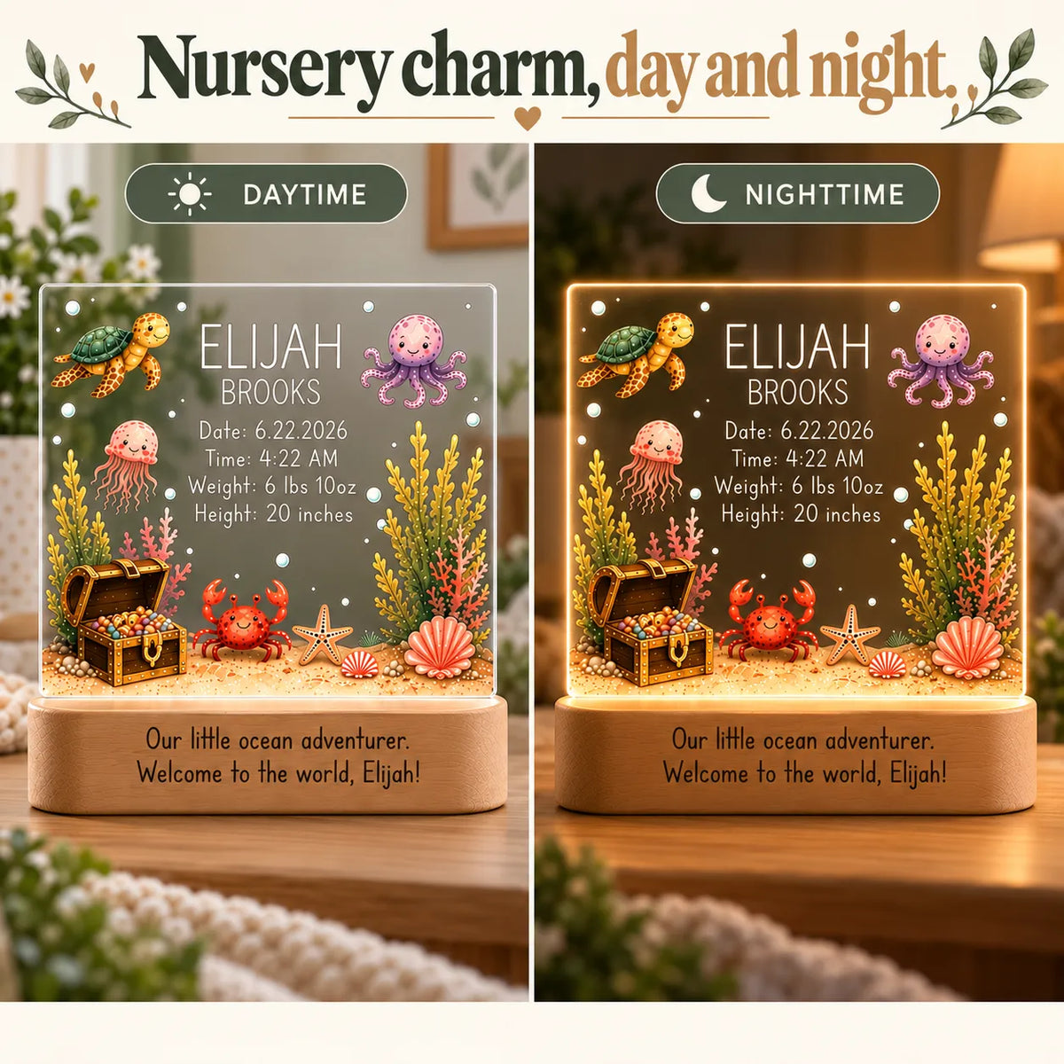 Ocean animal baby night light shown in daytime and glowing at night