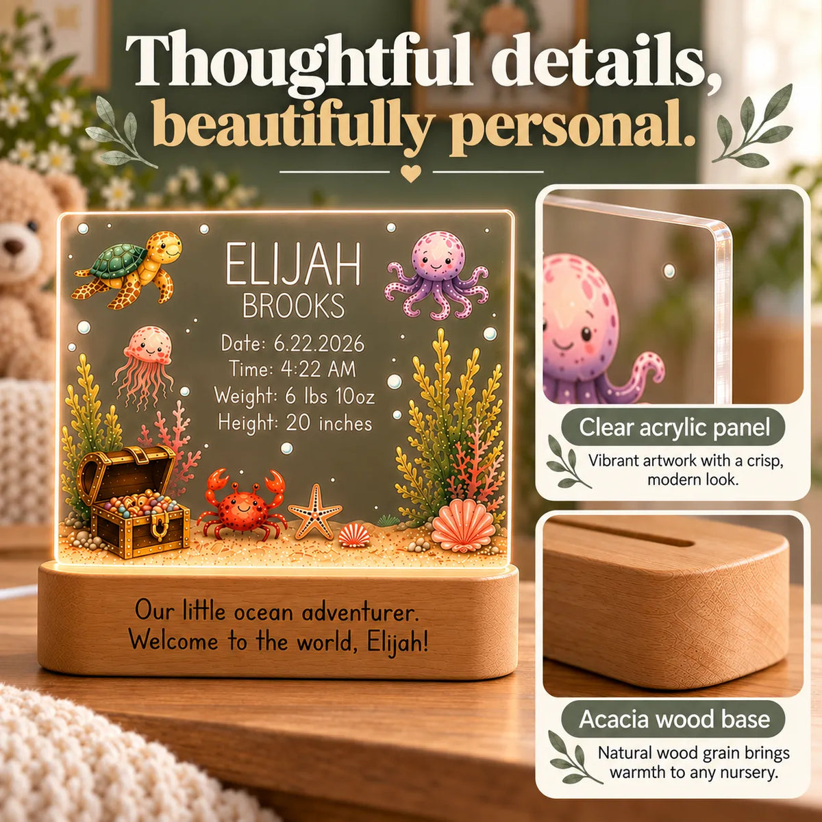 Clear acrylic panel and acacia wood base details on the personalized ocean night light