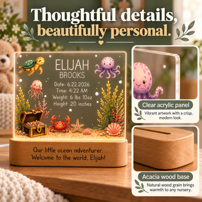 Clear acrylic panel and acacia wood base details on the personalized ocean night light