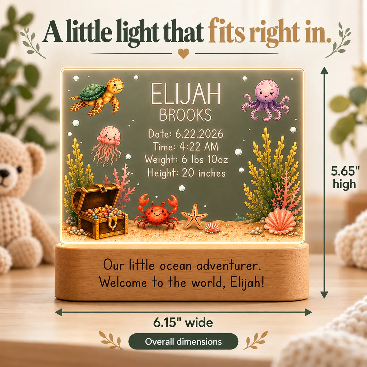Ocean baby night light dimensions: 5.65 inches high by 6.15 inches wide