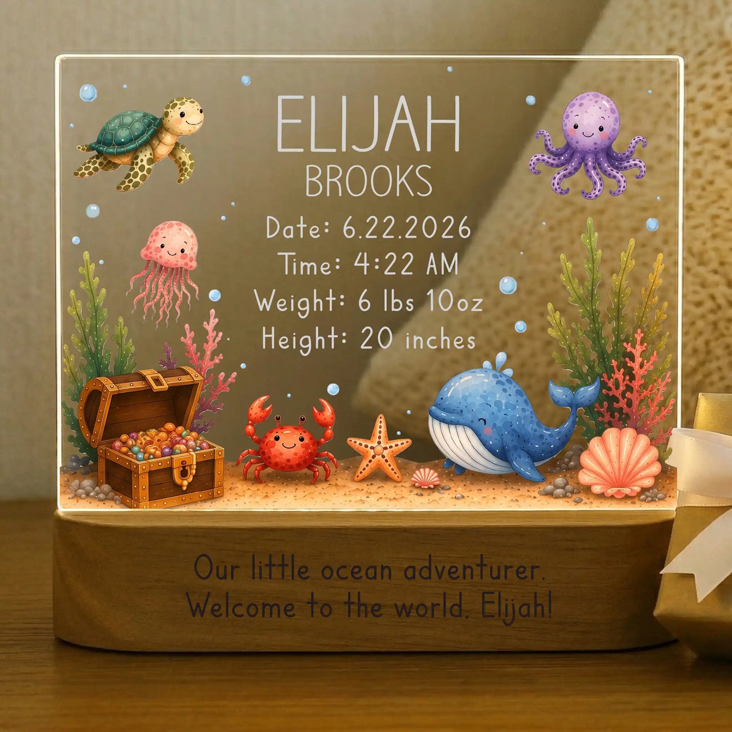 Personalized ocean baby night light with color changing LED base
