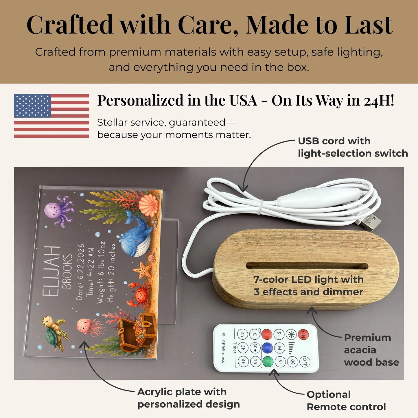 Personalized baby night light set with acacia wood base, USB cord, and optional wireless remote