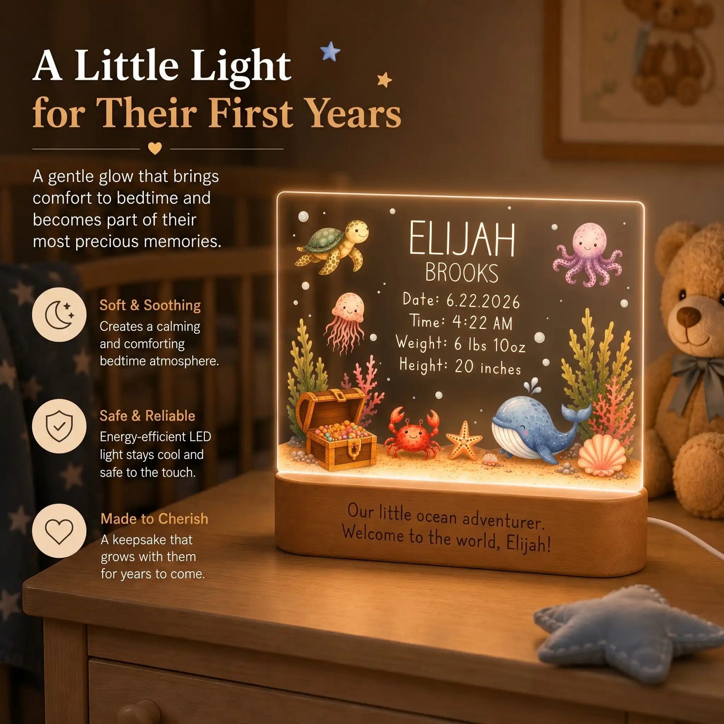 Laser engraved baby name and birth stats on ocean night light acrylic plate