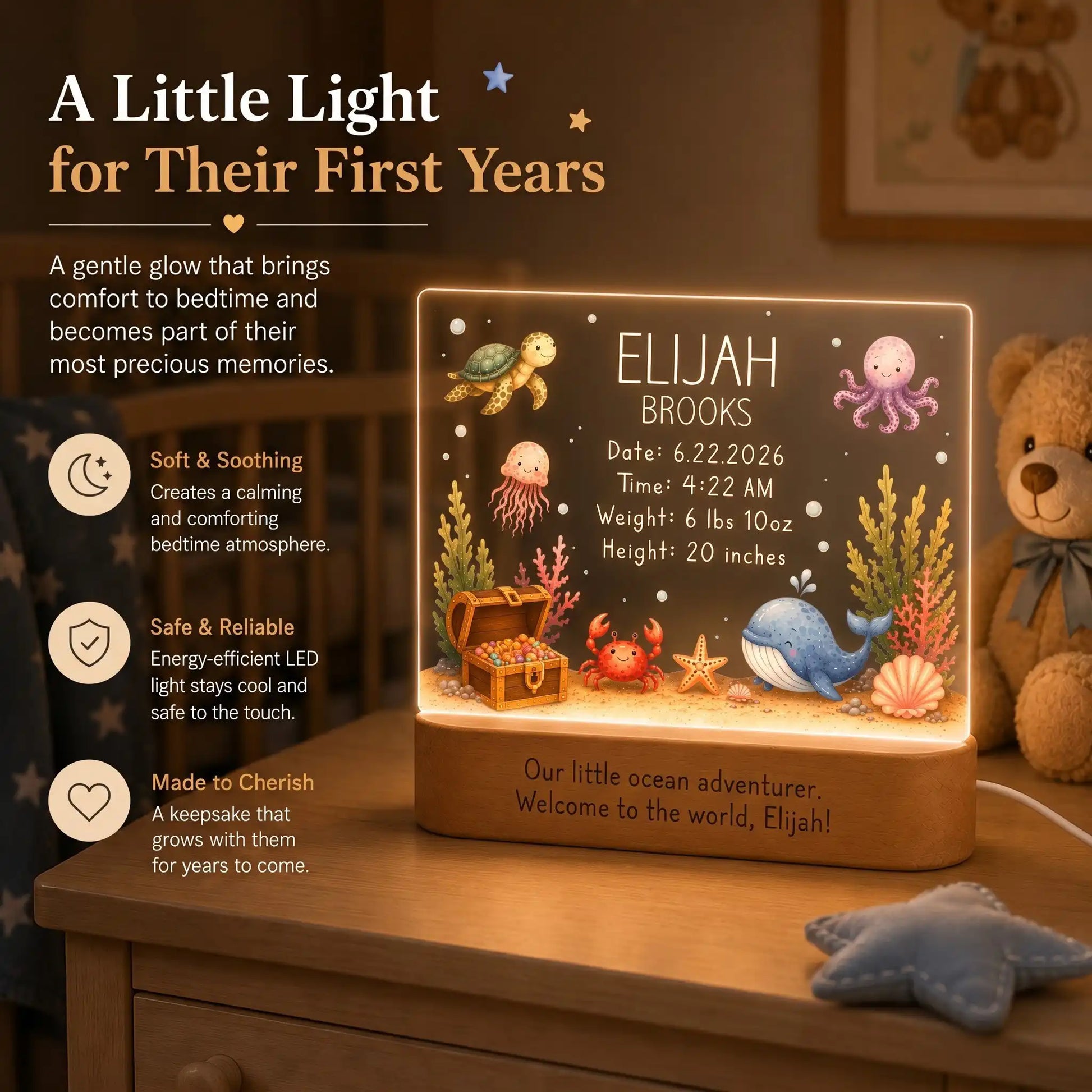 Laser engraved baby name and birth stats on ocean night light acrylic plate