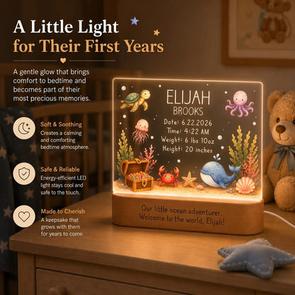 Laser engraved baby name and birth stats on ocean night light acrylic plate