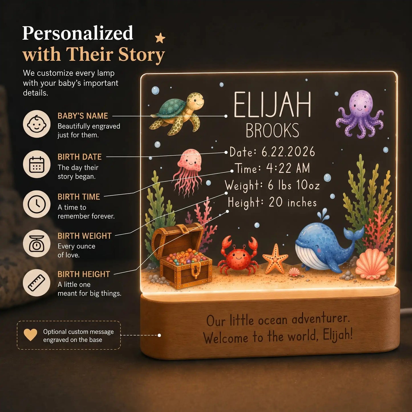 Personalized under the sea nursery night light with birth date, time, weight, and length