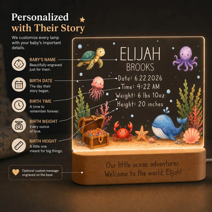 Personalized under the sea nursery night light with birth date, time, weight, and length
