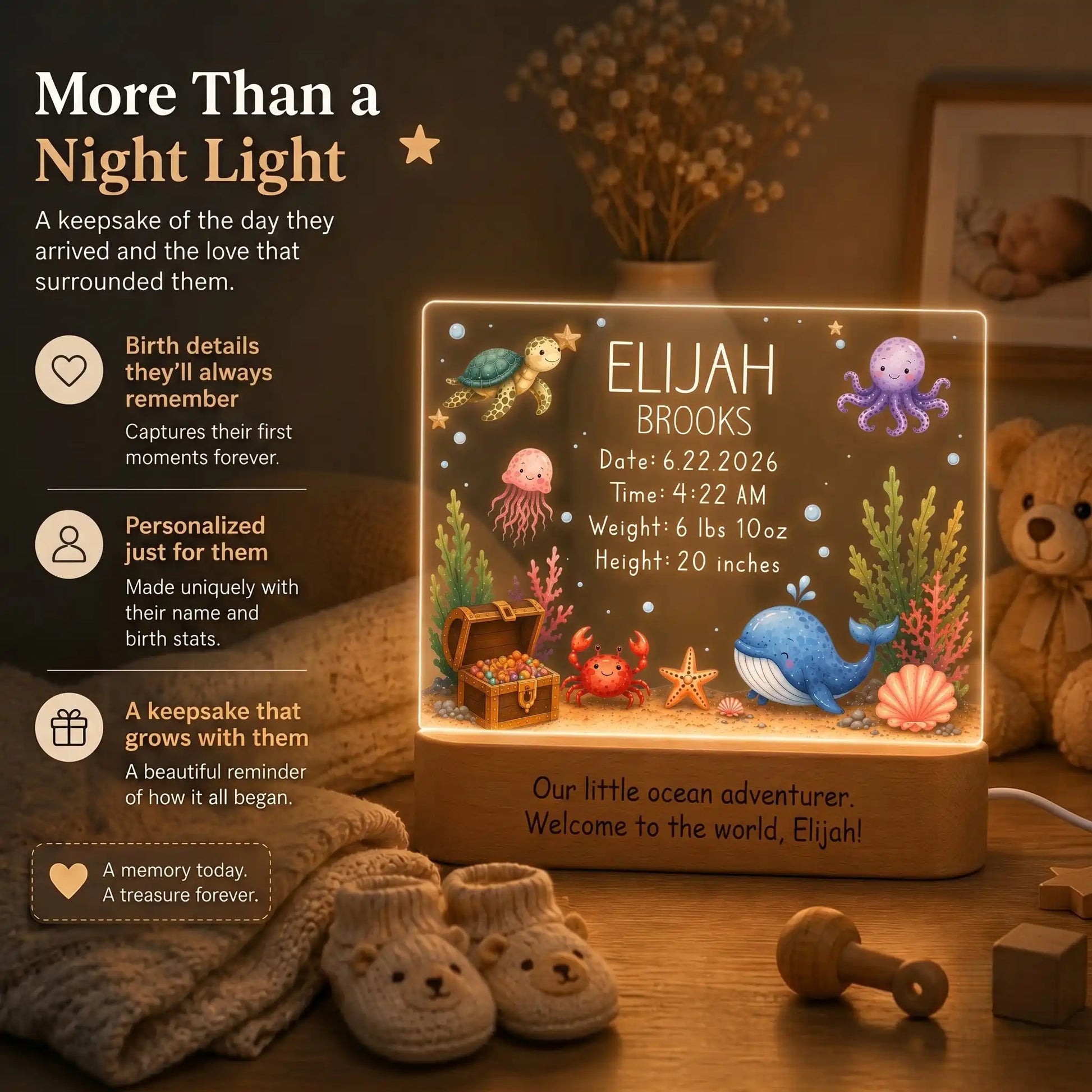 Ocean animal baby night light keepsake on acacia wood base