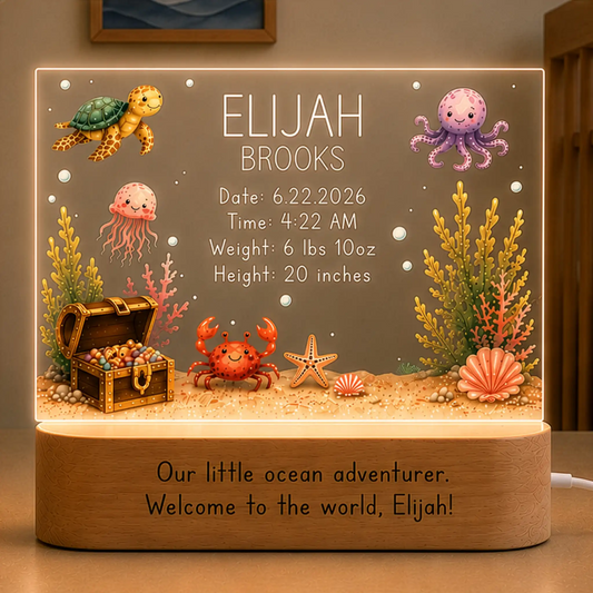 Personalized ocean baby night light with sea turtle and whale design and laser engraved name and birth stats on clear acrylic